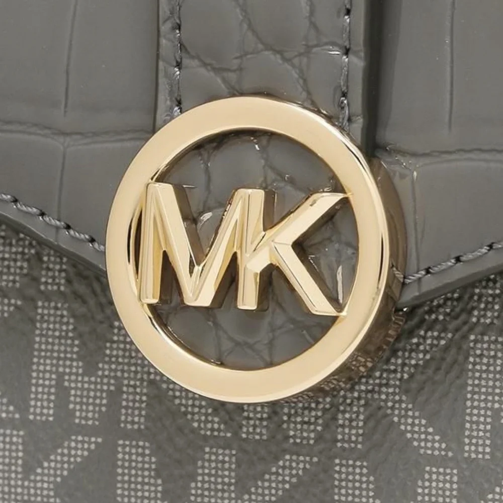 MICHAEL KORS CARMEN MEDIUM FLAP LOGO AND FAUX LEATHER WALLET HEATHER GREY MULTI